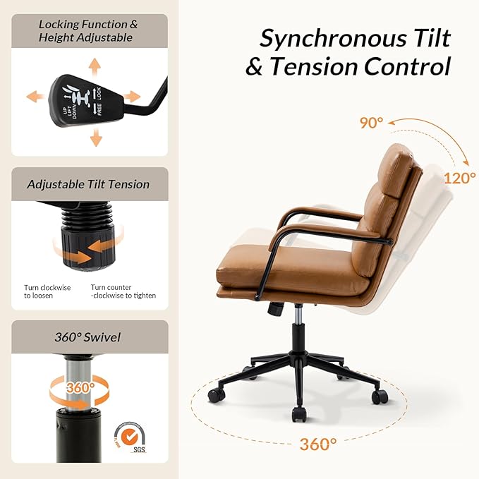 HULALA HOME Modern Faux Leather Home Office Chair with Tilt Lock & Metal Base, Desk Chair with Wheels & Padded Cushion, 360° Swivel Wide Seat Computer Task Chair, Camel