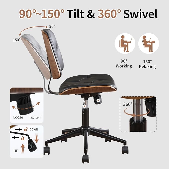 Small Home Office Chair – Armless Mid-Back Desk Chair with PU Leather, Adjustable Height, Swivel Wheels, Modern Walnut Legs for Small Spaces, Black