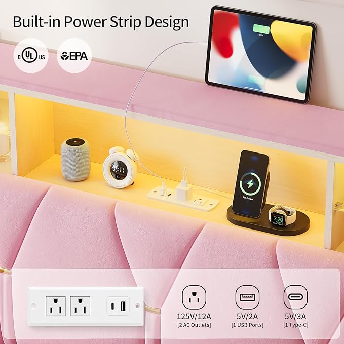 Twin Bed Frames with Storage Headboard,Power Outlet, LED Lights,Velvet Upholstered Platform Bed Twin for Kids, Pink Bed Frame with 5 Storage Shelves for Girls, No Box Spring Needed, Pink