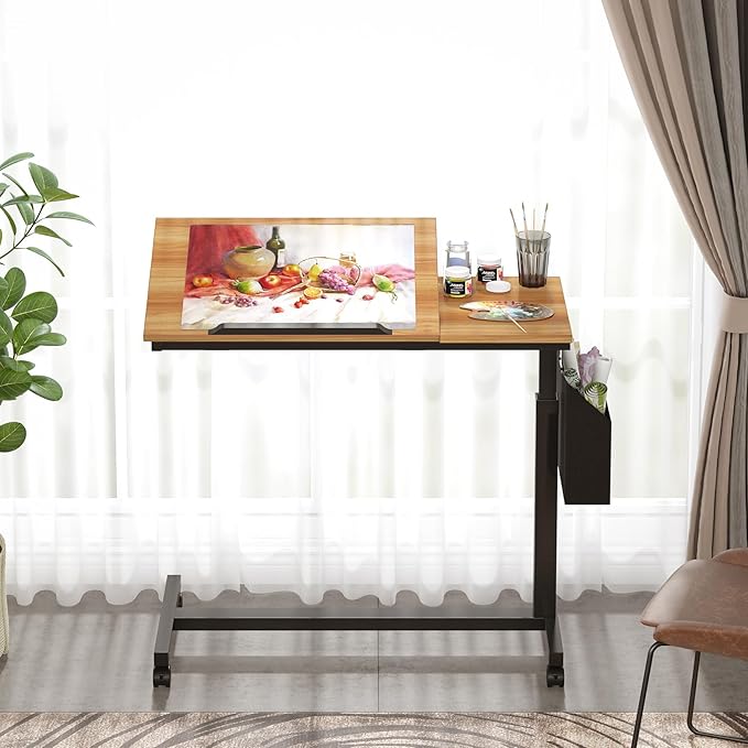 Tribesigns C-Shaped End Table, Small Adjustable Height Rolling Side Table with Wheels and Storage Bag, Portable Mobile Tiltable Laptop Desks for Couch, Living Room, Bedroom, Walnut