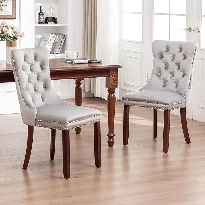 Velvet Dining Chairs Set of 2, Tufted Dining Room Chairs with Nailhead Ring Pull Trim, Upholstered Dining Chairs with Solid Wood Legs for Kitchen Dining Room (Light Grey)