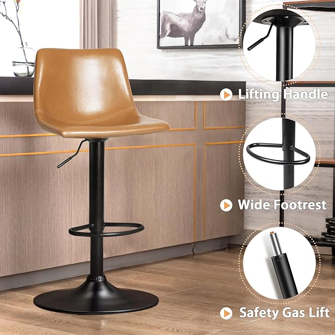 Lemebri Bar Stools Set of 4, Modern Adjustable Swivel Barstools Counter Height with Backrest, Faux Leather Upholstered Bar Chair for Kitchen Island, Whisky