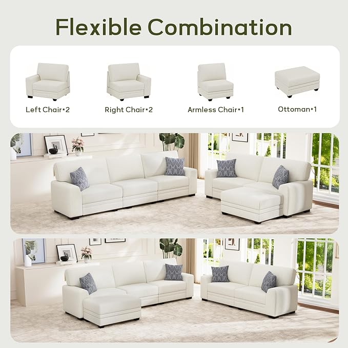 Wanderwell Oversized Modular Sectional Sofa, 6-Seater U Shaped Couches with Movable Ottoman,Corduroy Sectional Couch with Wide and Deep Seats Suitable for Living room,Bedroom,Apartment (Cream, 2+3+OT)