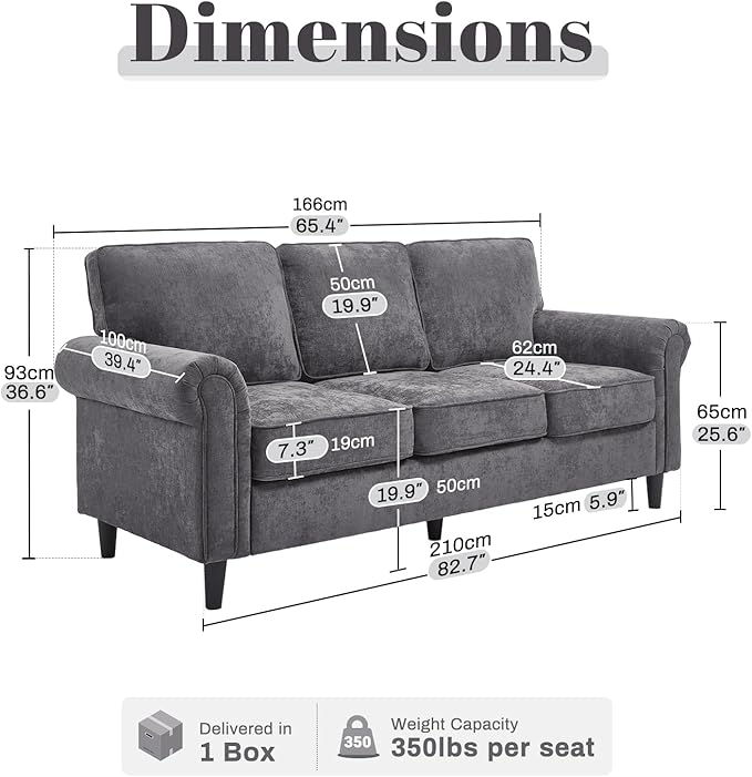 Kingfun 3 Seater Couch, Mid Century Modern Sofa with Rolled Arms and Deep Seats, Fluffy Comfort for Living Room, Apartment, Easy Assembly, Gray