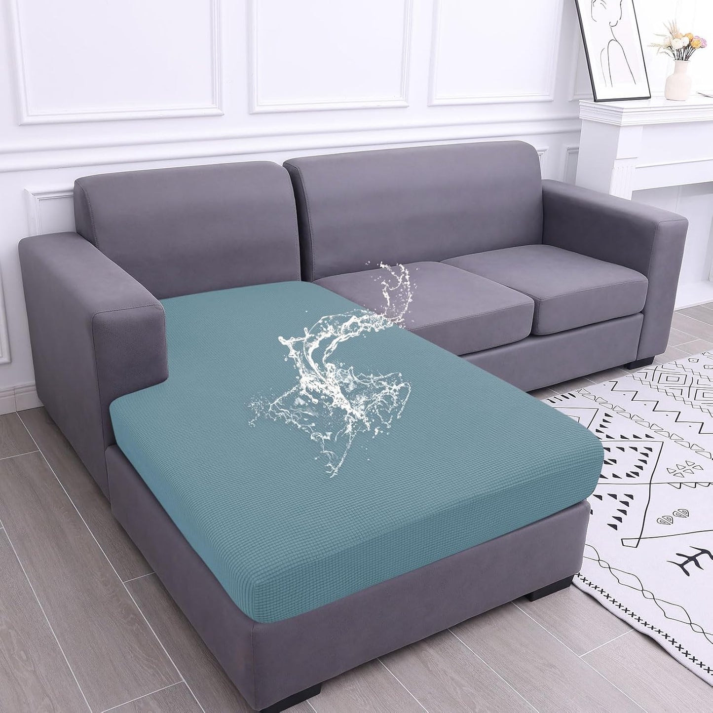 hyha Waterproof Sectional Couch Covers, Non Slip Sofa Couch Cushion Covers L Shape, Thick Stretch Jacquard Fabric, Washable Sofa Slipcovers with Elastic Bottom (1 Piece for Chaise, Lake Blue)