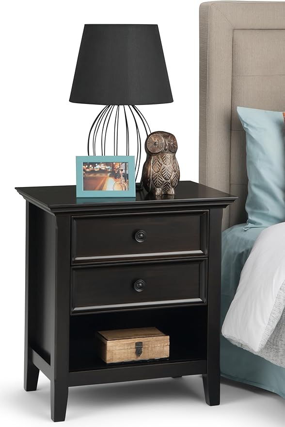 SIMPLIHOME Amherst Bedside Table - 24 inch Wide Solid Wood Nightstand Table in Hickory Brown, Transitional Bedroom Side or End Table with 2 Drawers, Open Storage Shelf and Bronze Hardware