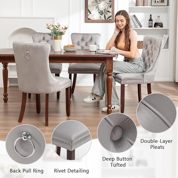 Velvet Dining Chairs Set of 2, Tufted Dining Room Chairs with Nailhead Ring Pull Trim, Upholstered Dining Chairs with Solid Wood Legs for Kitchen Dining Room (Light Grey)