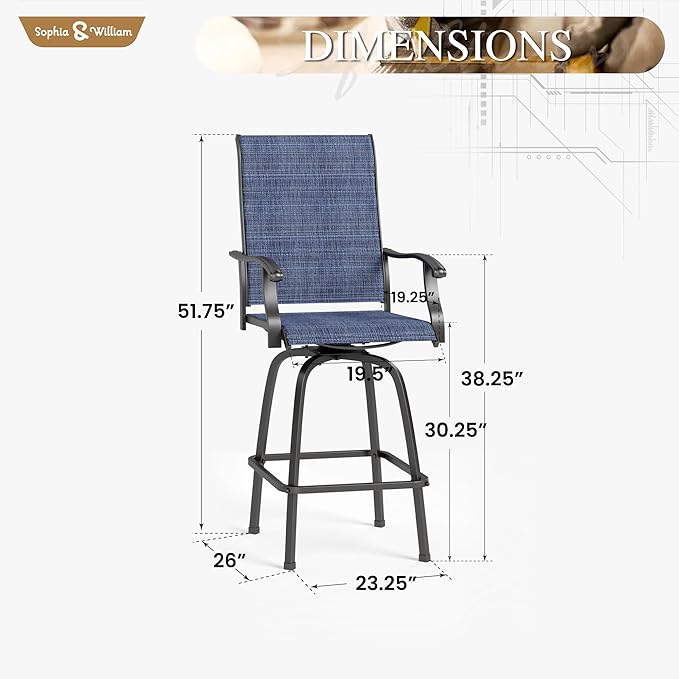 Sophia & William Patio Swivel Bar Stools Set of 6, Bar Height Patio Chairs, High Top Patio Chairs, Supports 300 lbs (Blue Fabric)