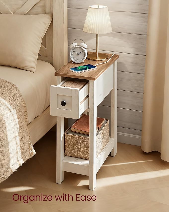 VASAGLE Narrow Side Table with Charging Station, Farmhouse End Table with Storage Drawer, Nightstand, Superfast Toolless Assembly, for Living Room, Bedroom, Honey Brown and Rustic White ULET328W01