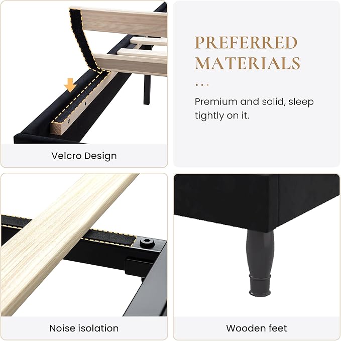 SHA CERLIN Full Size Bed Frame with Adjustable Headboard/Velvet Upholstered/Diamond Button Tufted and Metal Studs/No Box Spring Needed/Wood Slat Support/Easy Assembly/Black