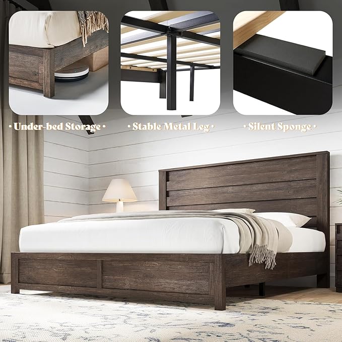 AMERLIFE Farmhouse King Platform Bed Frame with 49" Fluted Headboard, Wooden Bed with Natural Grain Finish, Noise-Free, No Box Spring Required, Easy Assembly, Grey
