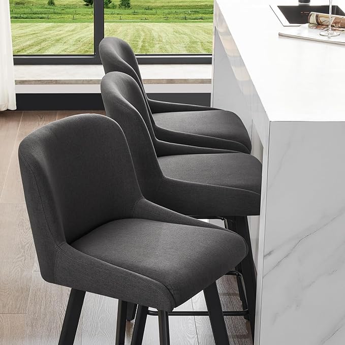 Swivel Counter Height Bar Stools Set of 2, 26''H Upholstered Barstools with Backs, Modern Bar Stool Chairs for Kitchen Island, Metal Legs, Fabric, Black Grey Stools Counter Chair