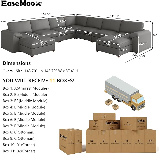 EASE MOOSE Oversized U Shaped Couch,Modular Sectional Convertible Sofa with Wide Deep,Extra Large Faux Leather Scratch Resistant Modern Couch for Big Spaces,Grey
