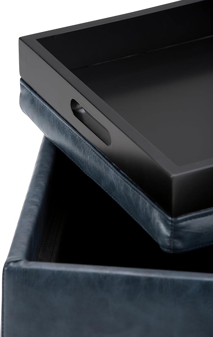 SIMPLIHOME Rockwood 18 inch Wide Contemporary Square Cube Storage Ottoman with Tray in Denim Blue Vegan Faux Leather, Assembled, For the Living Room, Entryway and Family Room