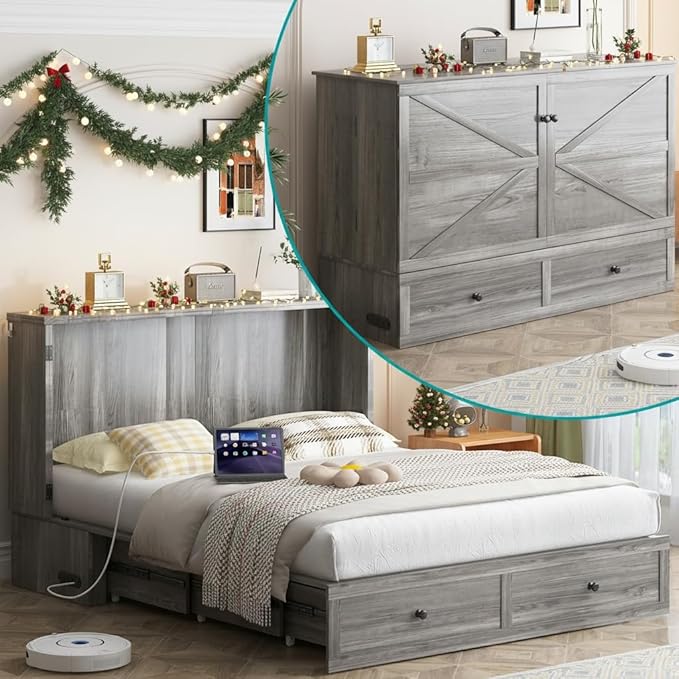 Mjkone Murphy Bed, Cabinet Murphy Bed with Tri-Fold Memory Foam Mattress, Farmhouse Wooden Cabinet Beds with USB Charging Station and 2 Storage Drawers for Bedroom/Office/Guest Room-Gray, Queen