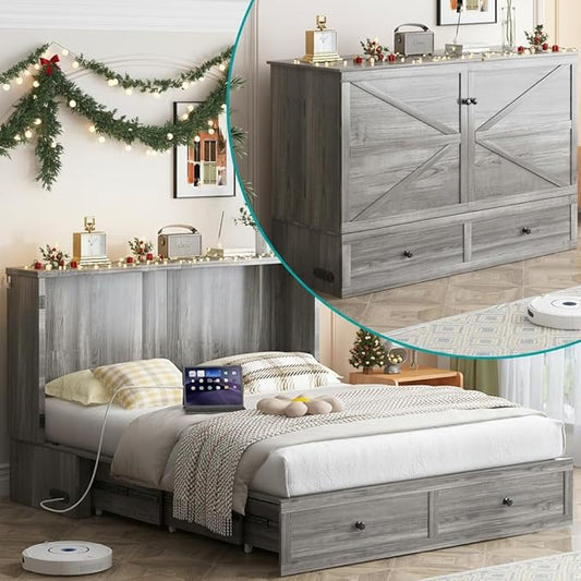 Mjkone Murphy Bed, Cabinet Murphy Bed with Tri-Fold Memory Foam Mattress, Farmhouse Wooden Cabinet Beds with USB Charging Station and 2 Storage Drawers for Bedroom/Office/Guest Room-Gray, Full