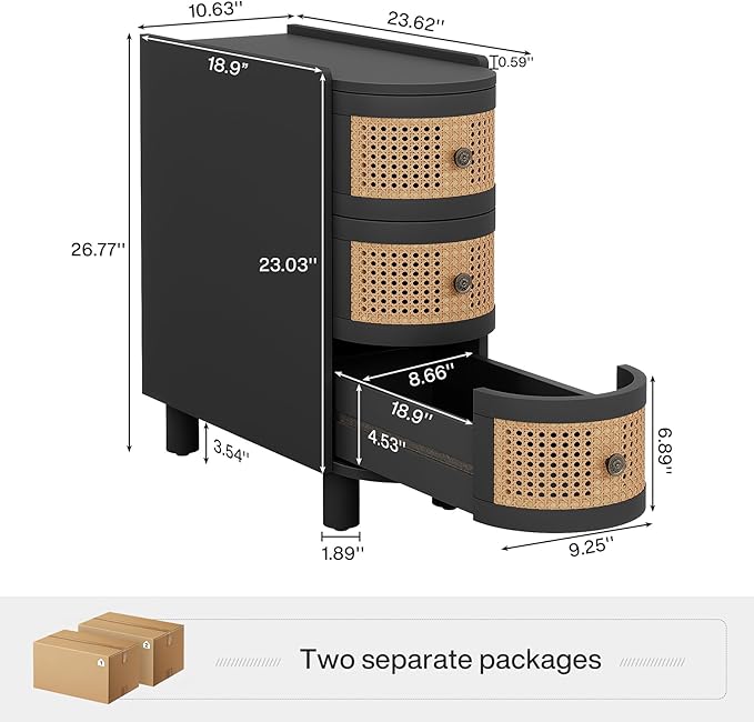 Tribesigns Solid Wood End Table Set of 2, 3-Drawer Rattan Side Table, Night Stand with 3 Rattan Drawers and Exquisite Embossed Handles for Living Room, No Assembly Required (Black & Oak)