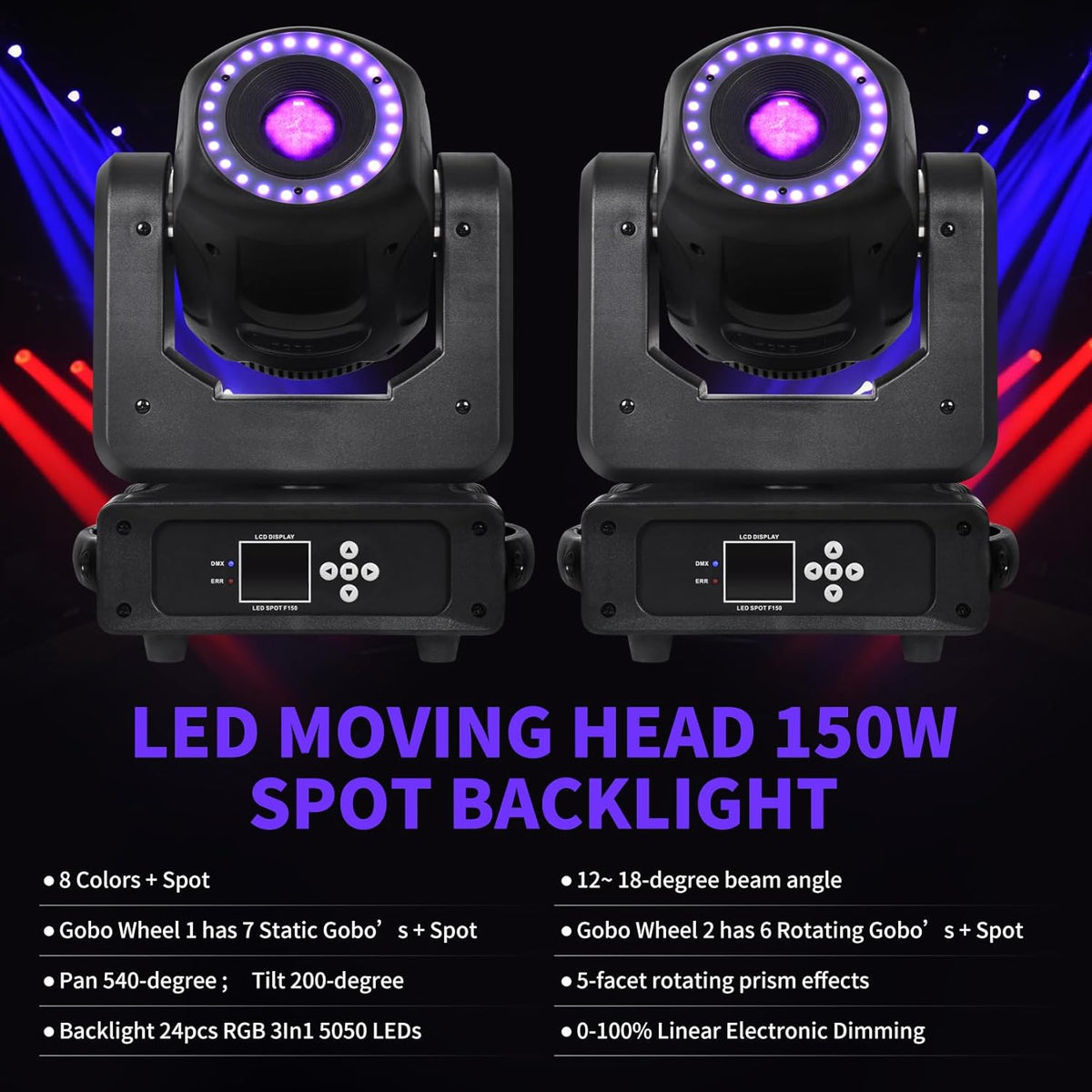 DJCLUB Moving Head Lights LED 100W Spot Effect with 6 Rotating & 7 Gobos 8 Colors Projector 5-Facet Prism by DMX512 Control Stage Lights for Disco Bar Wedding Party (LED 150W Moving Head)