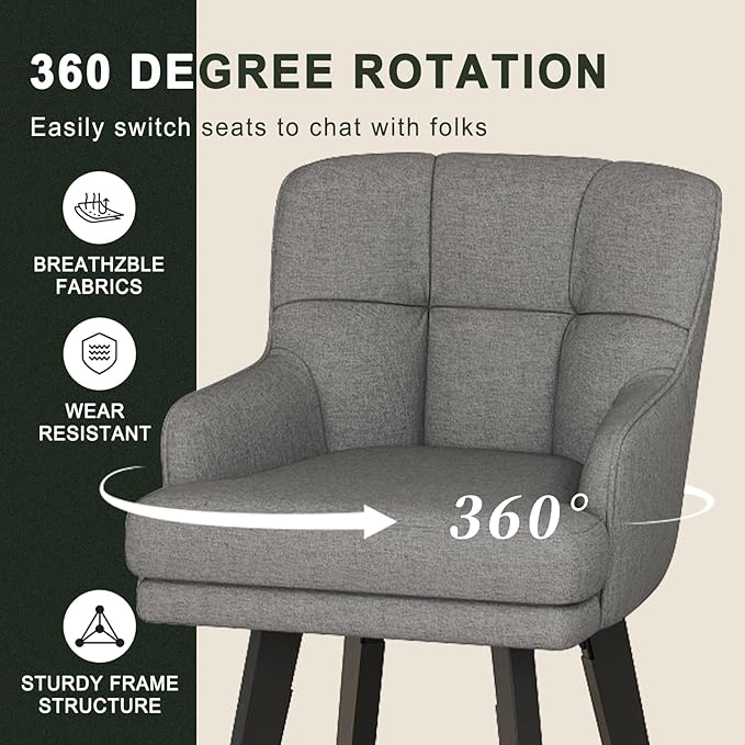 360°Swivel Counter Height Bar Stools with Back, 30 inch Solid Wood Legs, Bar Stool Modern Kitchen Island Chairs, Fabric (Mid-Grey- Fabric, 30" H- Set of 2)