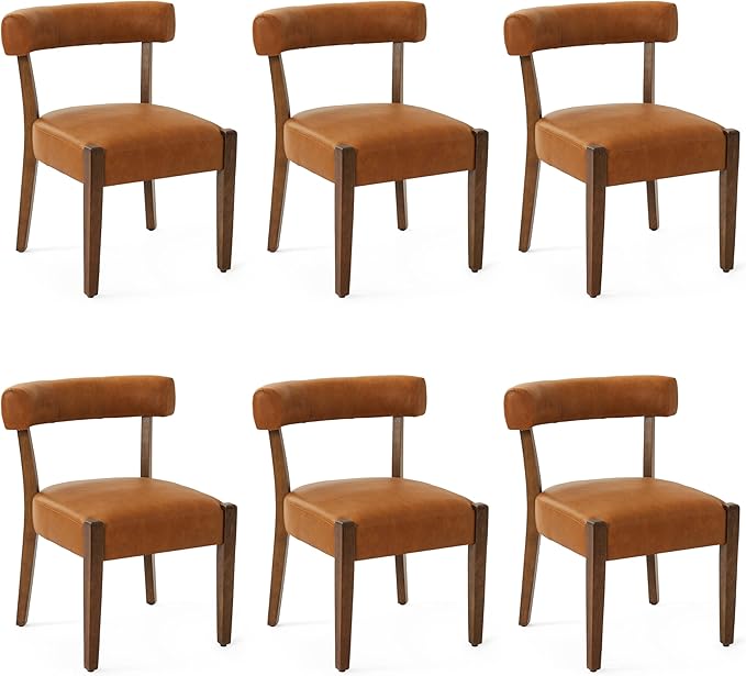 Modern Dining Chairs Set of 6, Faux Leather Upholstered Kitchen & Dining Room Chairs, Mid Century Modern Wooden Dining Chairs Oversized Sturdy Rounded Chairs Curved Back, Brown