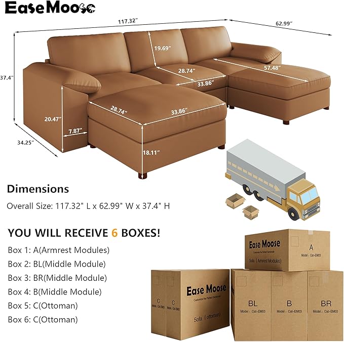 EASE MOOSE Oversized Modular Sectional Sofa,Leather Sectional Couch with Deep Seat,Extra Large U Shaped Couch,Modern Comfy Scratch Resistant Faux Leather Material Sofa,Brown
