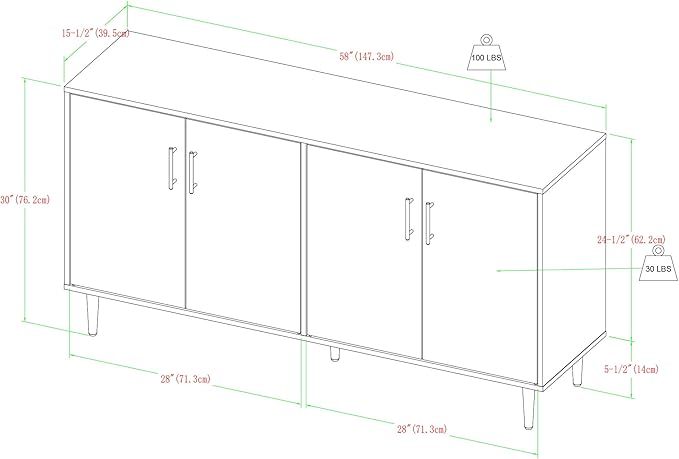 Walker Edison Fehr Modern 4 Door Bookmatch Buffet, 58 Inch, White