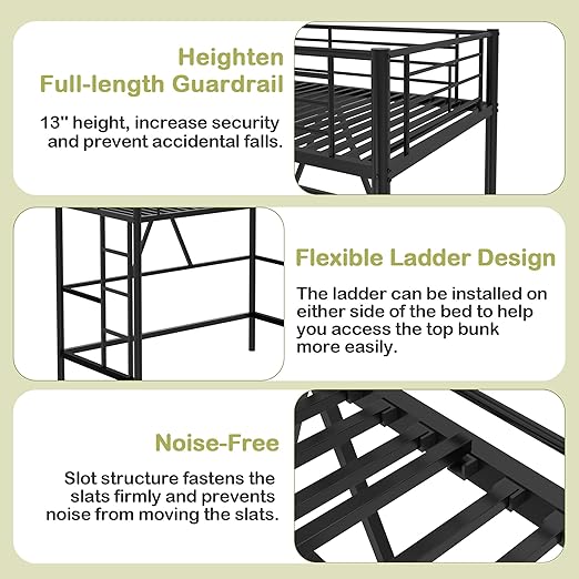 VECELO Metal Loft Bed Twin Size, Heavy Duty Bedframe with Removable Ladder and Safety Guardrail, Space-Saving, Noise Free, No Box Spring Needed, Matte Black