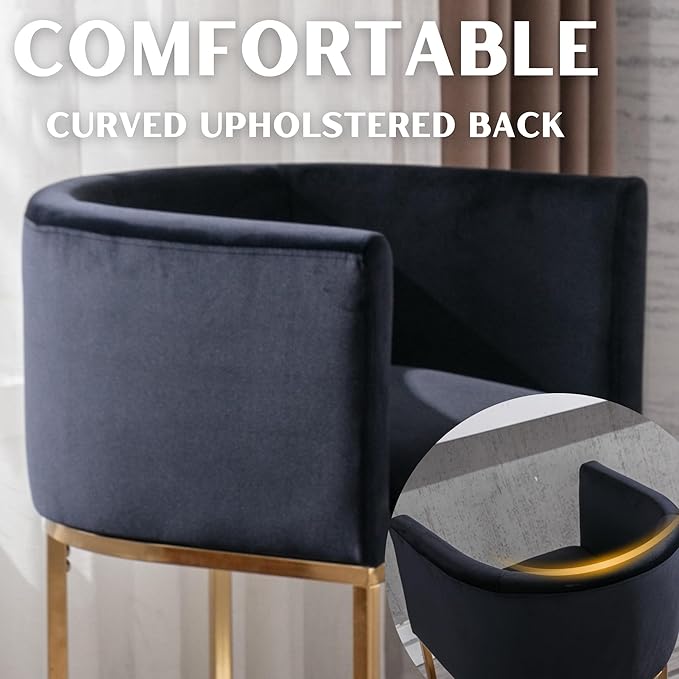 Contemporary Black Velvet Bar Stools Set of 3, 24" Upholstered Fabric Counter Height Barstools Kitchen Counter Island Stools with Screwed Together Golden Metal Base