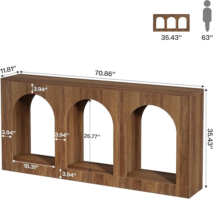 Tribesigns 70.9" Console Table with Storage, Wood Entryway Entry Table with 3 Arched Shelves for Foyer, Hallway, Living Room, Behind Couch Sofa, Narrow Long, Brown