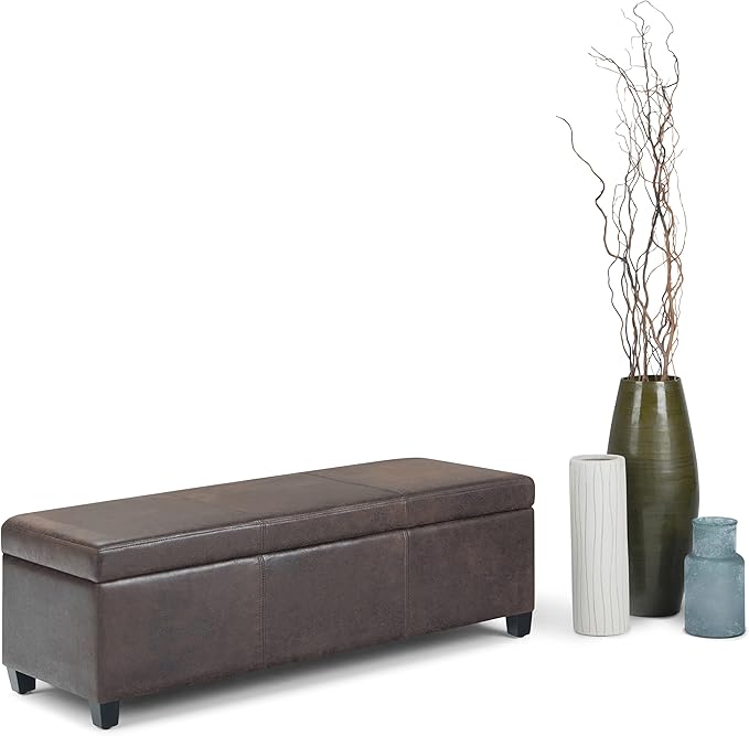 SIMPLIHOME Avalon Storage Ottoman Bench - 48 inch Wide Upholstered Vegan Leather Rectangular Lift-Top Ottoman in Distressed Brown, Contemporary Storage Bench for Living Room with High-Density Foam
