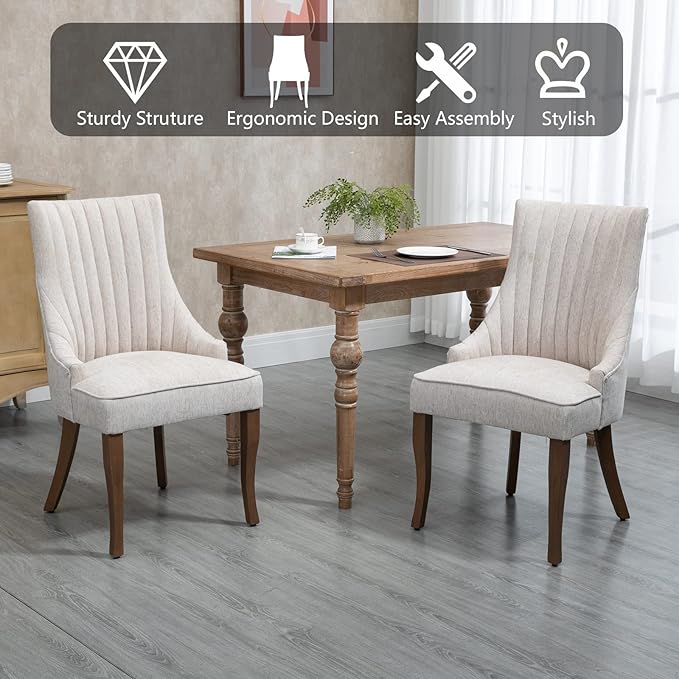 mikibama Linen Dining Chairs Set of 4 Channel Tufted Kitchen Dinner Chair Comfy Fabric Upholstered Accent Chair for Dining Room with Solid Wood Legs (Beige 4pc)