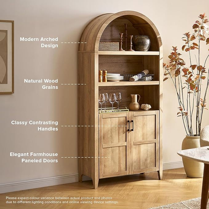 mopio Lauren 77.4" Tall Arched Cabinet, 5-Tier Arched Bookcase with Doors and Adjustable Shelves, Arch Bookshelf with Storage, Wooden Storage Cabinet for Living Room and Kitchen Pantry (Oak)