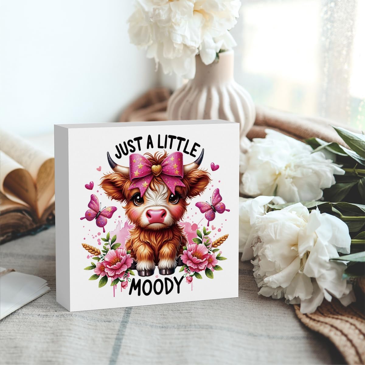 Cute Highland Cow Baby Decor, Cow With Pink Bow, Highland Cow Gifts for women, Highland Cow Decor, Highland Cow Nursery Decor, Wooden Box Decor Sign for Home Farmhouse Office Living Room Table Shelf