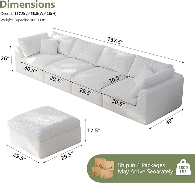 138" Boneless Cloud Couch Modular Sectional Sofa with Deep Seat for Living Room, L Shape Couch with Ottoman, Snowflake Cloth and 40D Memory Sponge，2 Throw Pillows (White, 4 Seater+1 Ottoman)