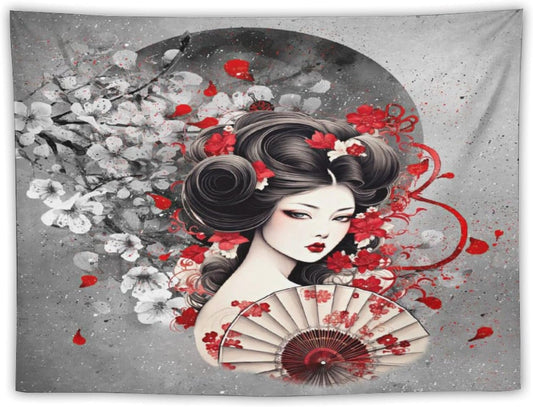 Japanese Geisha Tapestry Asian Red Cherry Blossom Red Sun Traditional Kimono Folk Tapestries Home Decor for Living Room Bedroom Apartment Farmhouse Dorm 90"x60"