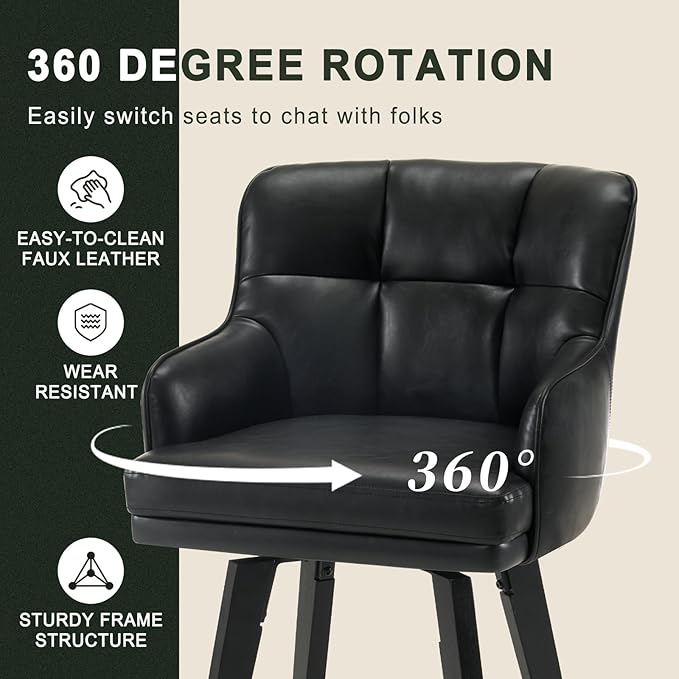 360°Swivel Counter Height Bar Stools with Back, 30 inch Solid Wood Legs, Bar Stool Modern Kitchen Island Chairs, Faux Leather (Black- Faux Leather, 30" H- Set of 2)