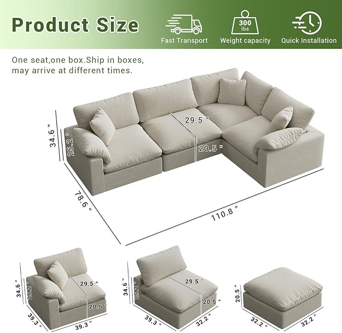 Cloud Modular Sectional Sofa,189.4" Down Filled Sofa 4 Seat with Chaise,Minimalist Sofa Cover Washable and Replaceable Couches for Living Room,Sectional Sofa Deep Seat