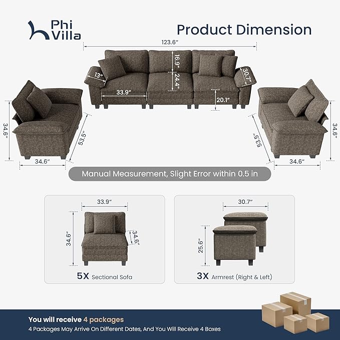 PHI VILLA Cloud Modular Couches Sets, 3 Pieces Large Sectional Sofa Set with Single Sofa, 5-Seater Upholstered Couch for Living Room, Chenille Fabric, Smoky Grey