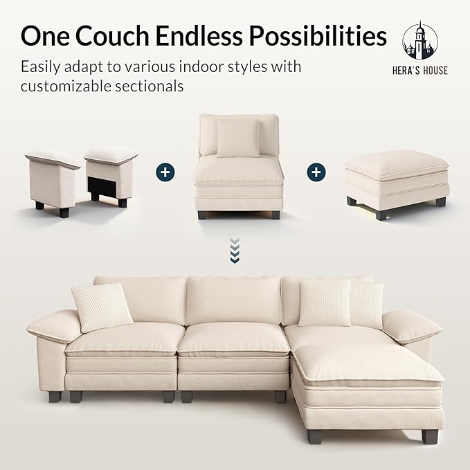 HERA'S HOUSE 54" Modular Sectional Sofa Couches for Living Room, Comfy Cloud Couch 1-Seater Deep Seat Sofa with Throw Pillow, Chenille Beige