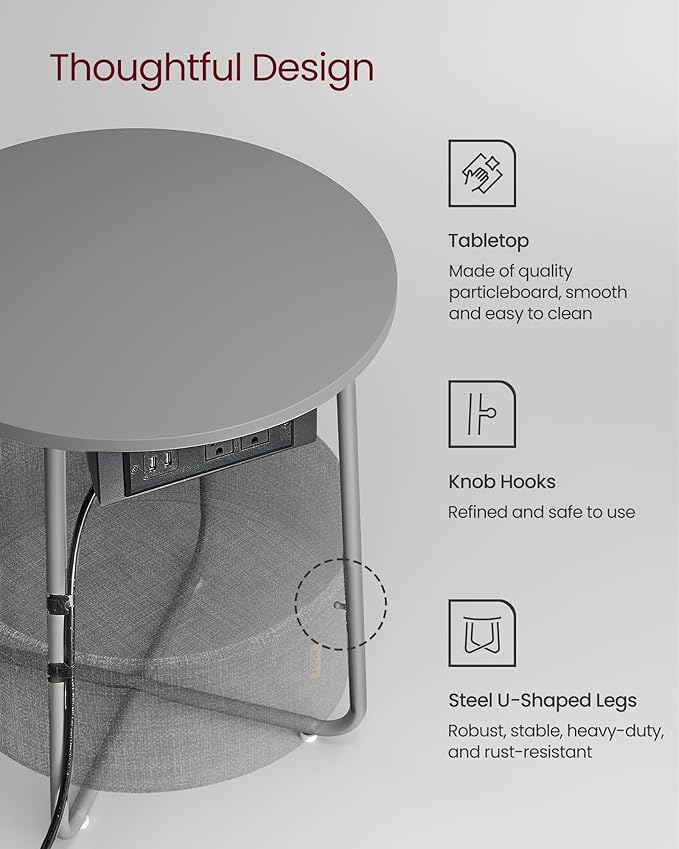 VASAGLE LILEA Collection - Side Table with Charging Station, Round End Table with Fabric Basket, Nightstand with USB Ports, for Living Room, Bedroom, Modern, Dove Gray and Slate Gray ULET228G01