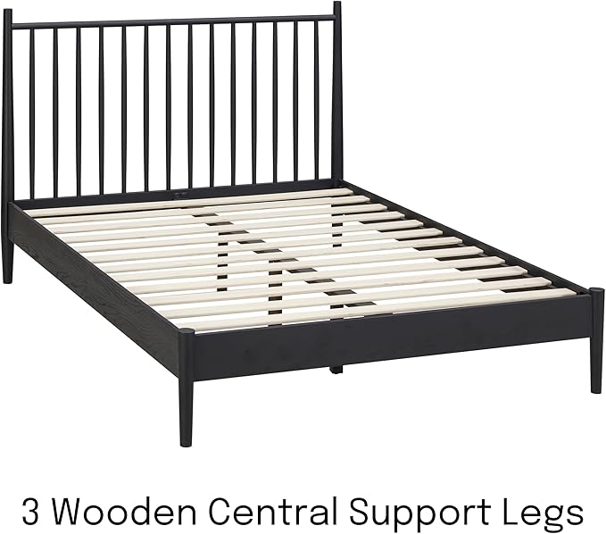 NTC Inno Wooden Bed Frame with Headboard, Solid Oak and Rubber Wood Foundation with Silent Slats and Wood Central Supports, 1000 Lb Capacity, Effortless Assembly, Queen - Burnt Black