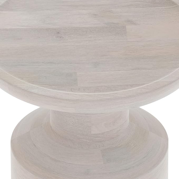 SIMPLIHOME Haynes End Table - 16 inch Wide Solid Mango Wood Round Accent Table with Sculptural Pedestal Base in White Wash, Boho Nightstand or Lamp Stand for Living Room or Bedroom, Assembled