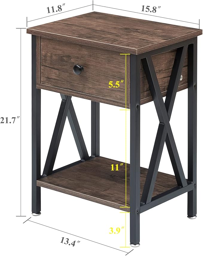 VECELO End Tables, Modern Nightstand with Drawer & Shelf, Night Stand for Bedroom Living Room,Industrial Metal Frame