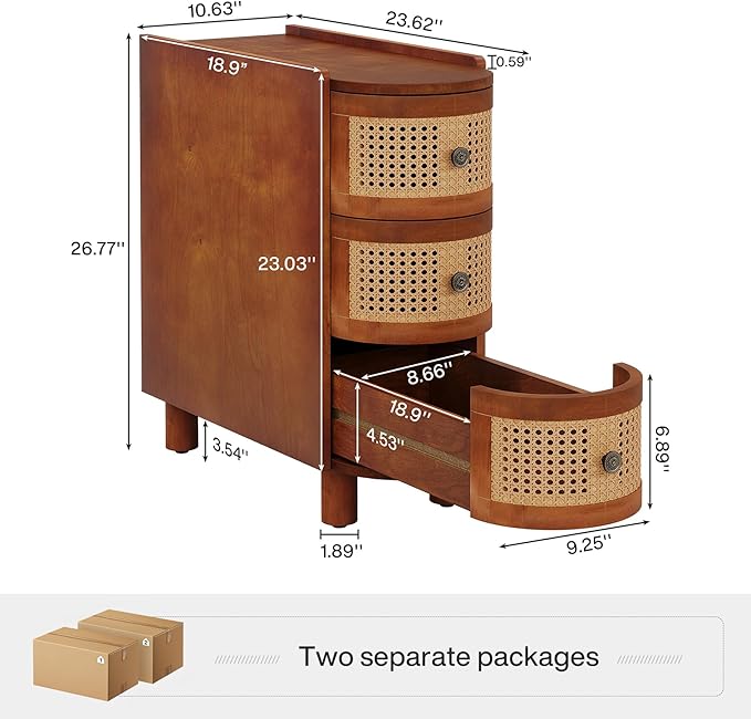 Tribesigns Solid Wood End Table Set of 2, 3-Drawer Rattan Side Table, Night Stand with 3 Rattan Drawers and Exquisite Embossed Handles for Living Room, No Assembly Required (Walnut & Oak)