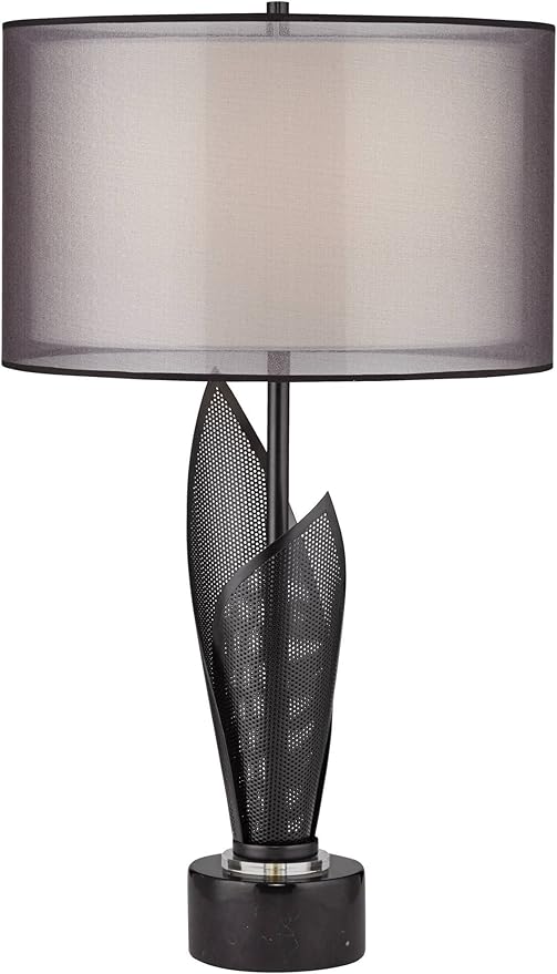 Possini Euro Design Sasha Modern Industrial Table Lamp 31 1/2" Tall Sculptural Black Metal Organza Sheer Outer White Fabric Inner Dum Shade for Bedroom Living Room House Bedside Nightstand Office