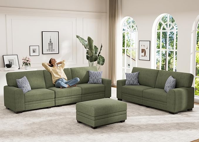 Wanderwell Oversized Modular Sectional Sofa, 6-Seater U Shaped Couches with Movable Ottoman,Corduroy Sectional Couch with Wide and Deep Seats Suitable for Living room,Bedroom,Apartment (Olive, 2+3+OT)