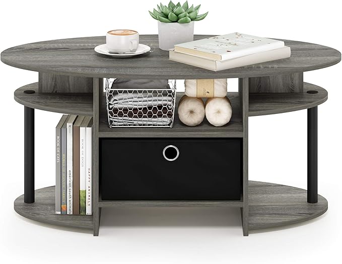 Furinno Jaya Oval Coffee Table, French Oak Grey/Black/Black