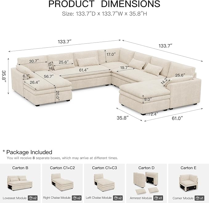 Belffin Large Modular Sectional Sofa with Double Deep Chaise and Loveseat, Corduroy U Shape Couch with 9" Soft Dual-Layer 9 Seats Cushion for Living Room, Apartment, Beige