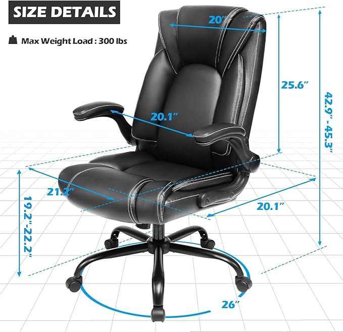 OUTFINE Flip-up Arms Office Chair 300lbs Executive Chair Swivel Office Chair with hydrolysis-Resistant Leather Spring Cushion Thick Padding and Ergonomic Design (Black, Flip Arm Medium)