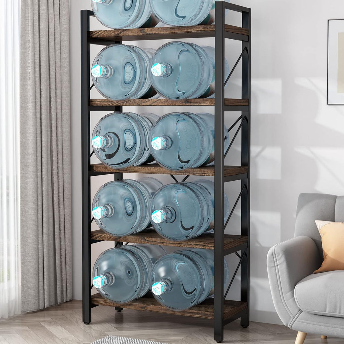 5 Tier Bookshelf Rustic Solid Wood Industrial Style Bookcase,Metal and Real Wood Vintage Bookshelf,Book Shelves Home Office, Retro Brown,Dark Matching credenza(LZ01-05tier) (5Tiers)